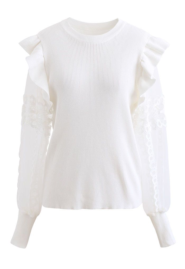 Lace-Adorned Mesh Sleeve Knit Top in White