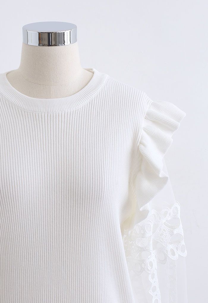 Lace-Adorned Mesh Sleeve Knit Top in White