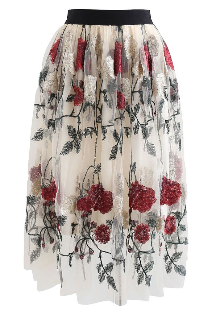 Red Golden Rose Embroidered Mesh Midi Skirt