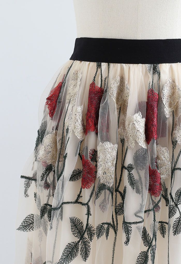 Red Golden Rose Embroidered Mesh Midi Skirt