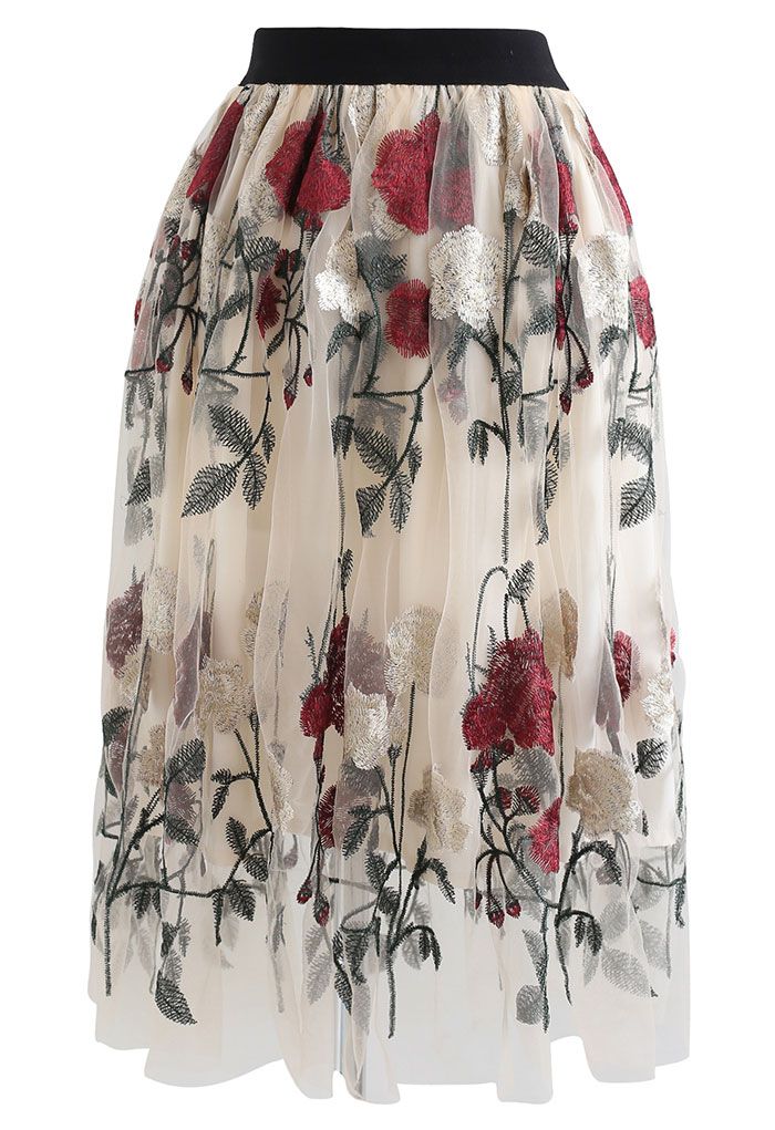 Red Golden Rose Embroidered Mesh Midi Skirt