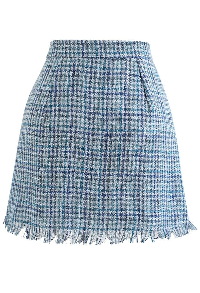 Tasseled Houndstooth Tweed Mini Flap Skirt in Blue