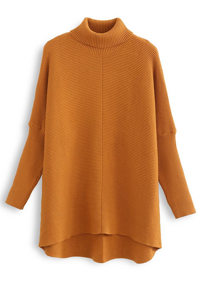 Effortless Chic Turtleneck Batwing Sleeve Hi-Lo Sweater in Caramel