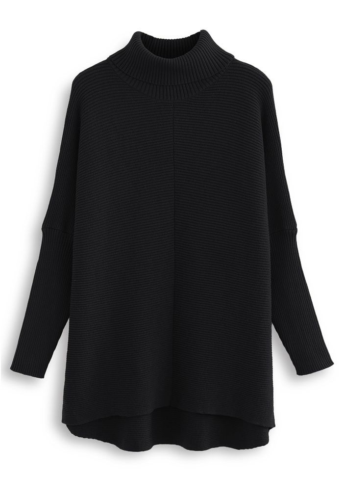 Effortless Chic Turtleneck Batwing Sleeve Hi-Lo Sweater in Black