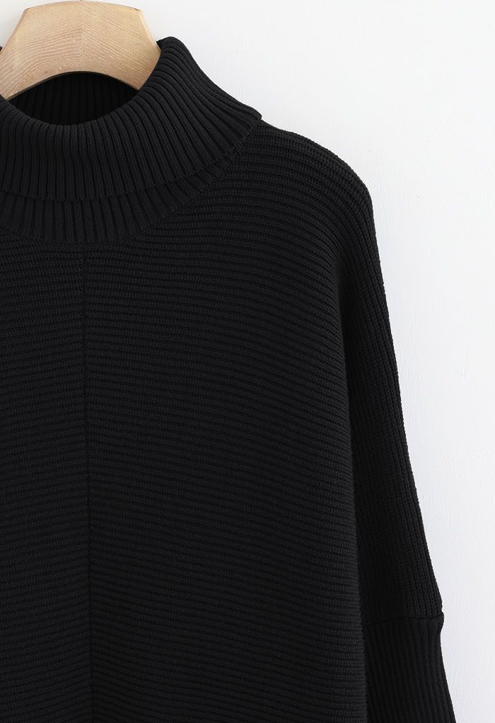 Effortless Chic Turtleneck Batwing Sleeve Hi-Lo Sweater in Black