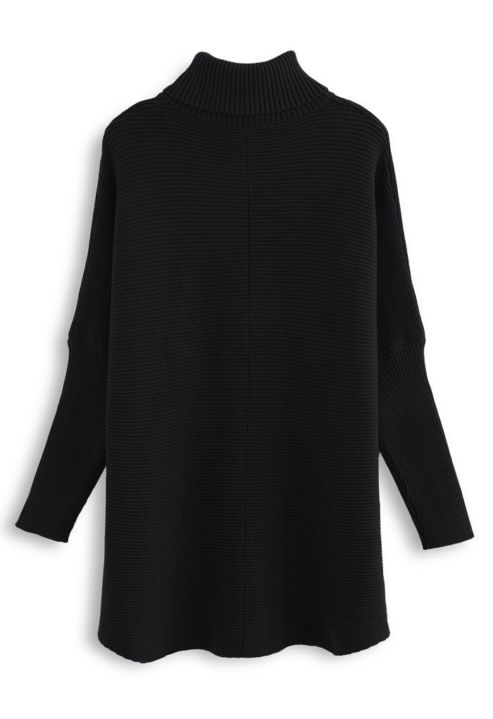 Effortless Chic Turtleneck Batwing Sleeve Hi-Lo Sweater in Black