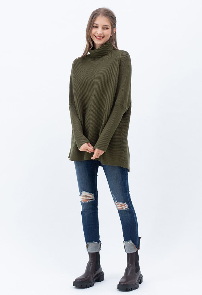 Effortless Chic Turtleneck Batwing Sleeve Hi-Lo Sweater in Army Green