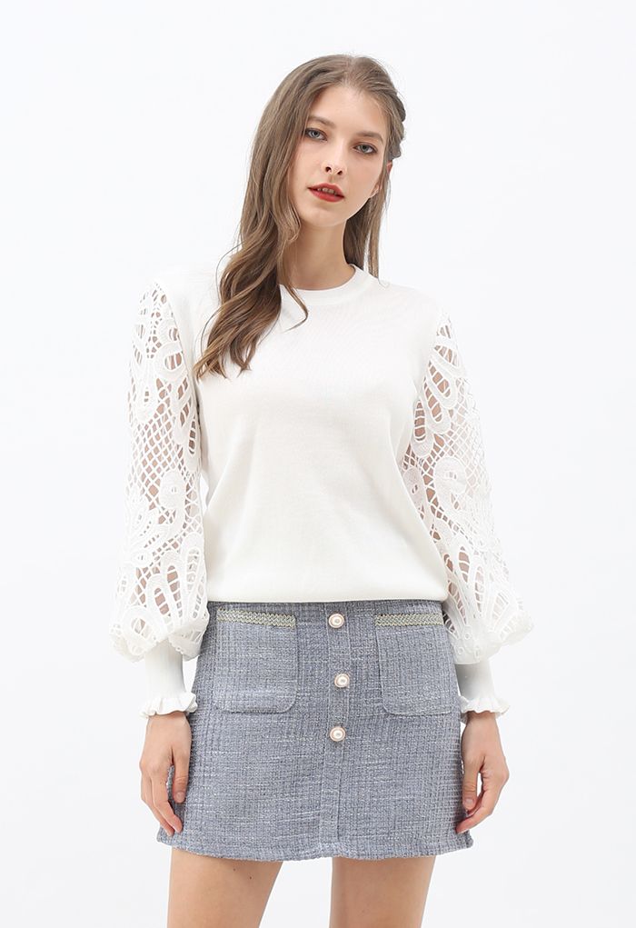 Scalloped Crochet Puff Sleeve Knit Top in White