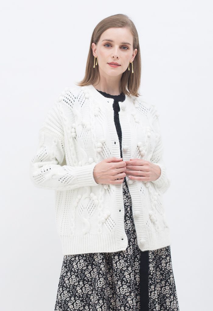 Pom-Pom Braid Hollow Out Knit Cardigan in White