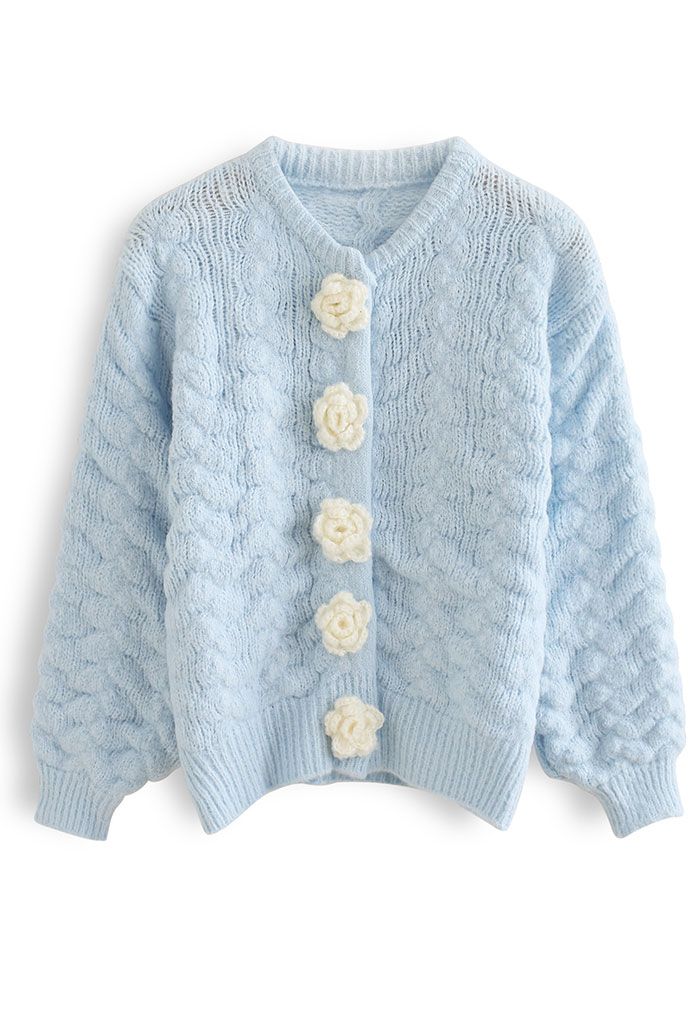 Flowers Button Down Embossed Bubble Sleeves Cardigan in Blue