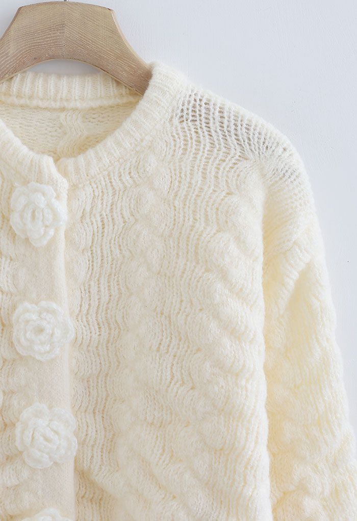 Flowers Button Down Embossed Bubble Sleeves Cardigan in White