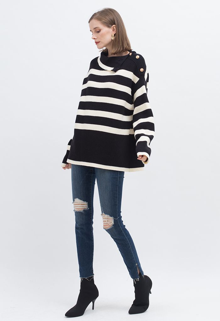 Buttoned Neck Striped Oversize Sweater in Black