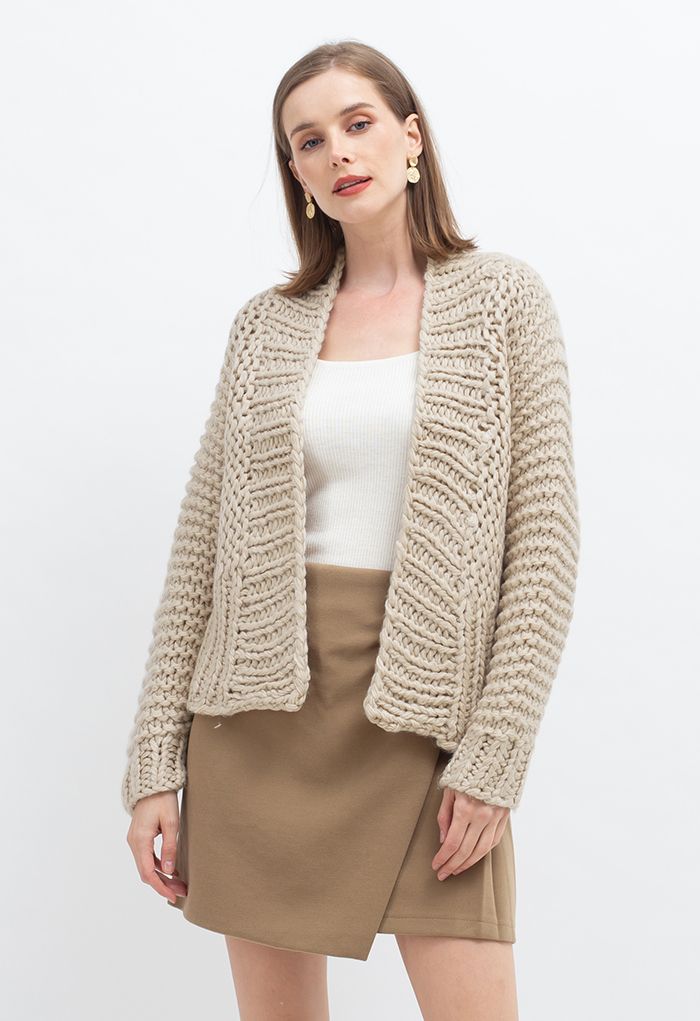 Solid Color Hand-Knit Chunky Cardigan in Camel