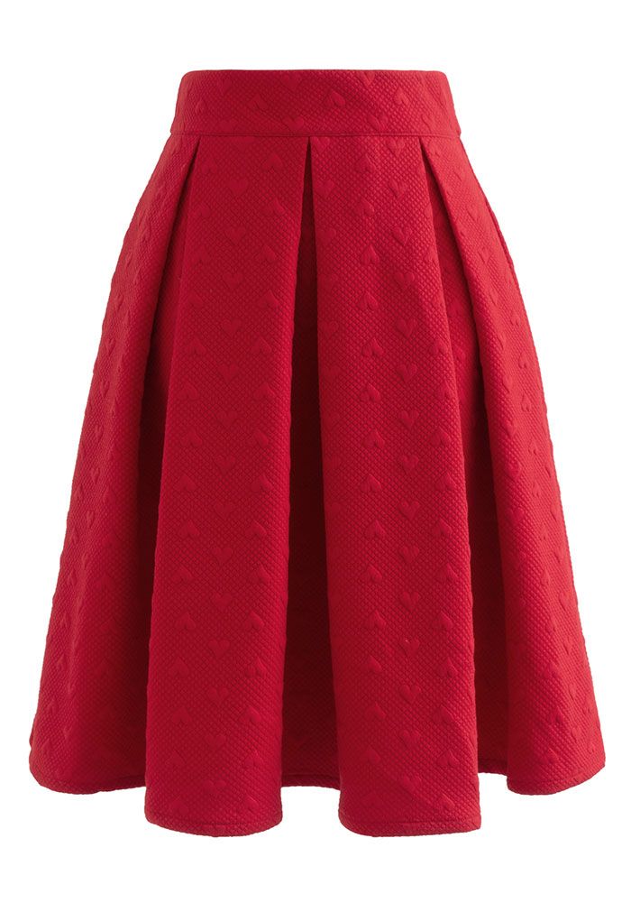 空氣棉愛心壓花百褶半身裙-紅色