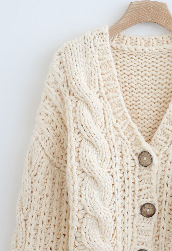 V-Neck Crop Hand-Knit Chunky Cardigan in Cream