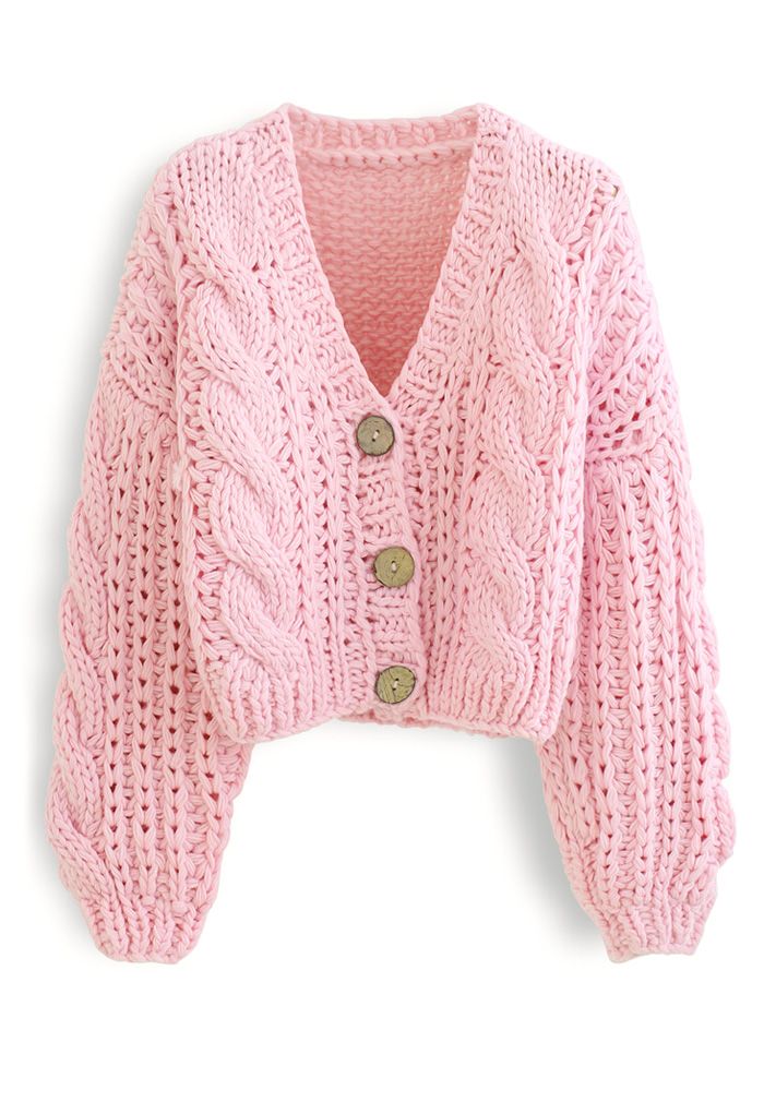 V-Neck Crop Hand-Knit Chunky Cardigan in Pink