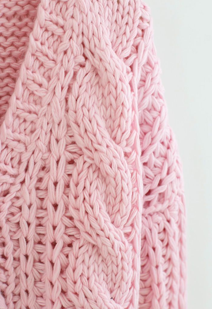 V-Neck Crop Hand-Knit Chunky Cardigan in Pink