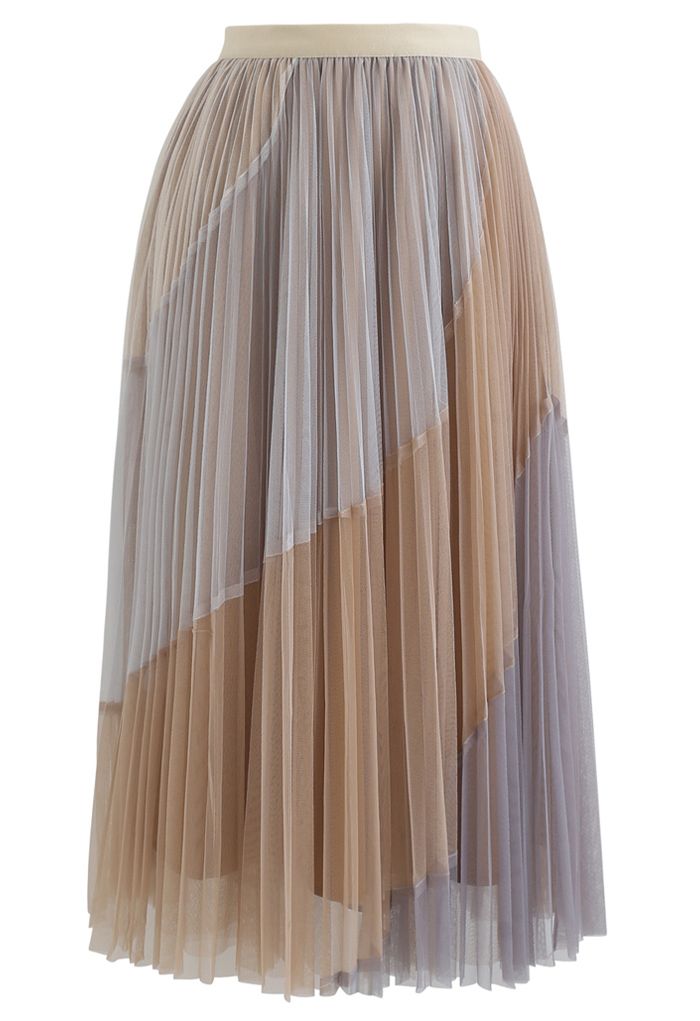 Multi Color Double-Layered Pleated Tulle Midi Skirt in Light Tan