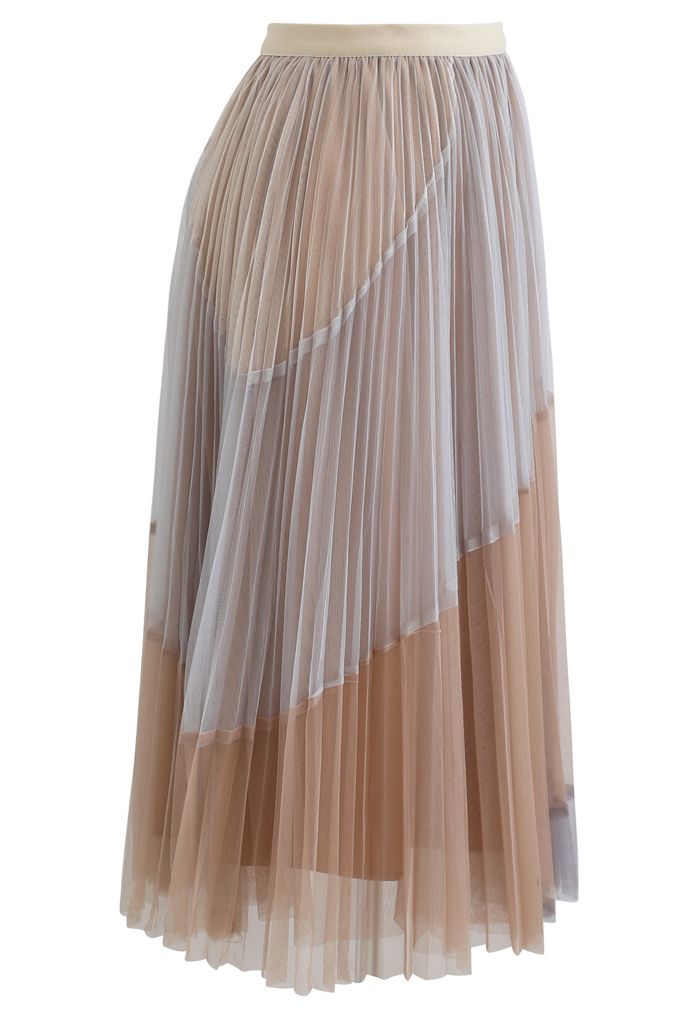 Multi Color Double-Layered Pleated Tulle Midi Skirt in Light Tan