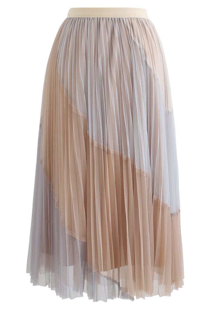 Multi Color Double-Layered Pleated Tulle Midi Skirt in Light Tan