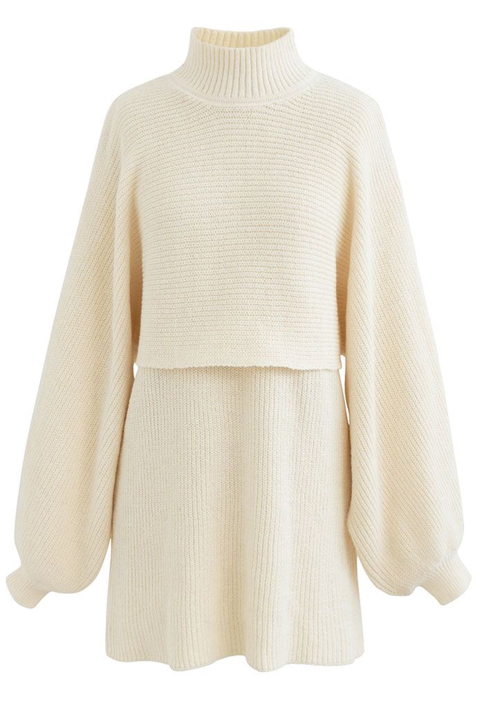 Mock Neck Crop Sweater and Sleeveless Knit Dress Set in Cream