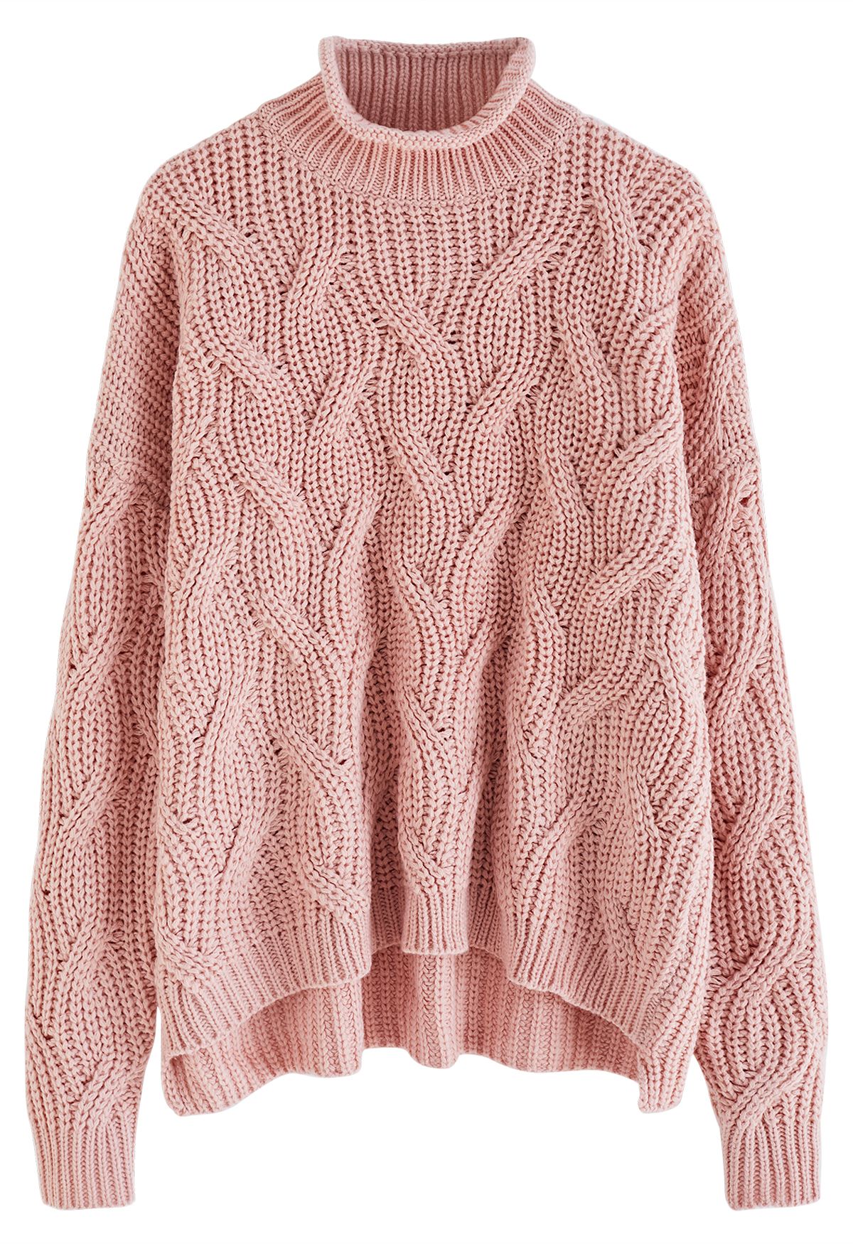 High Neck Hi-Lo Braided Chunky Knit Sweater in Pink