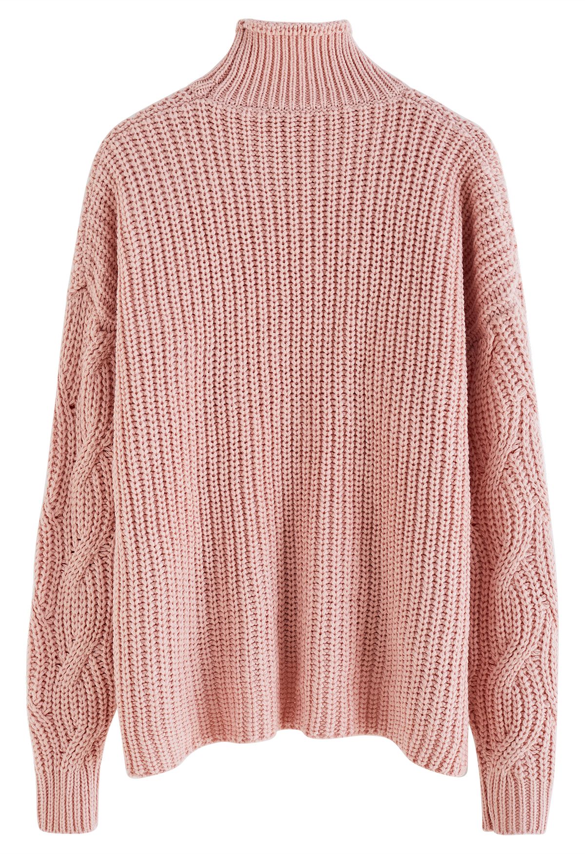 High Neck Hi-Lo Braided Chunky Knit Sweater in Pink