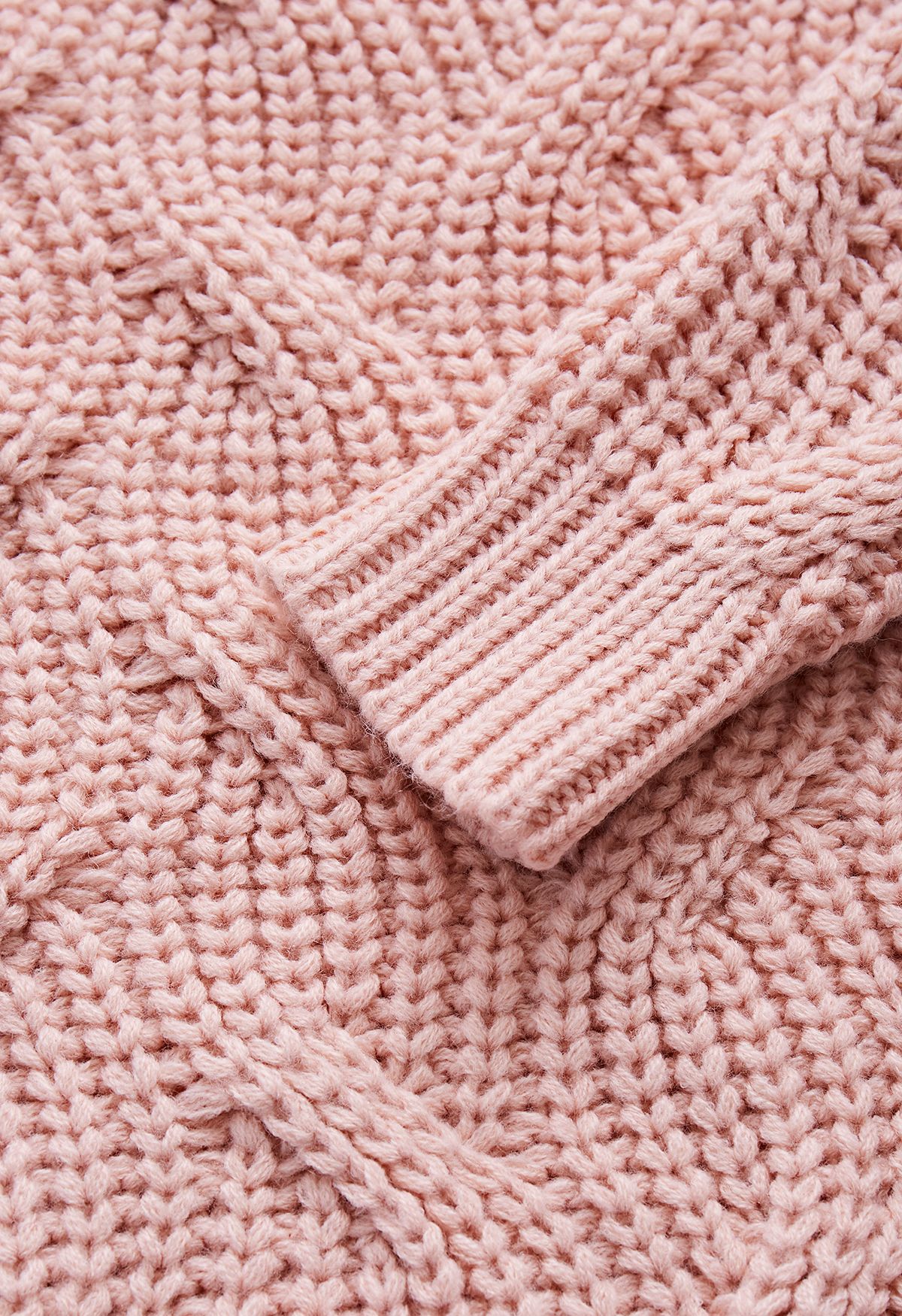 High Neck Hi-Lo Braided Chunky Knit Sweater in Pink