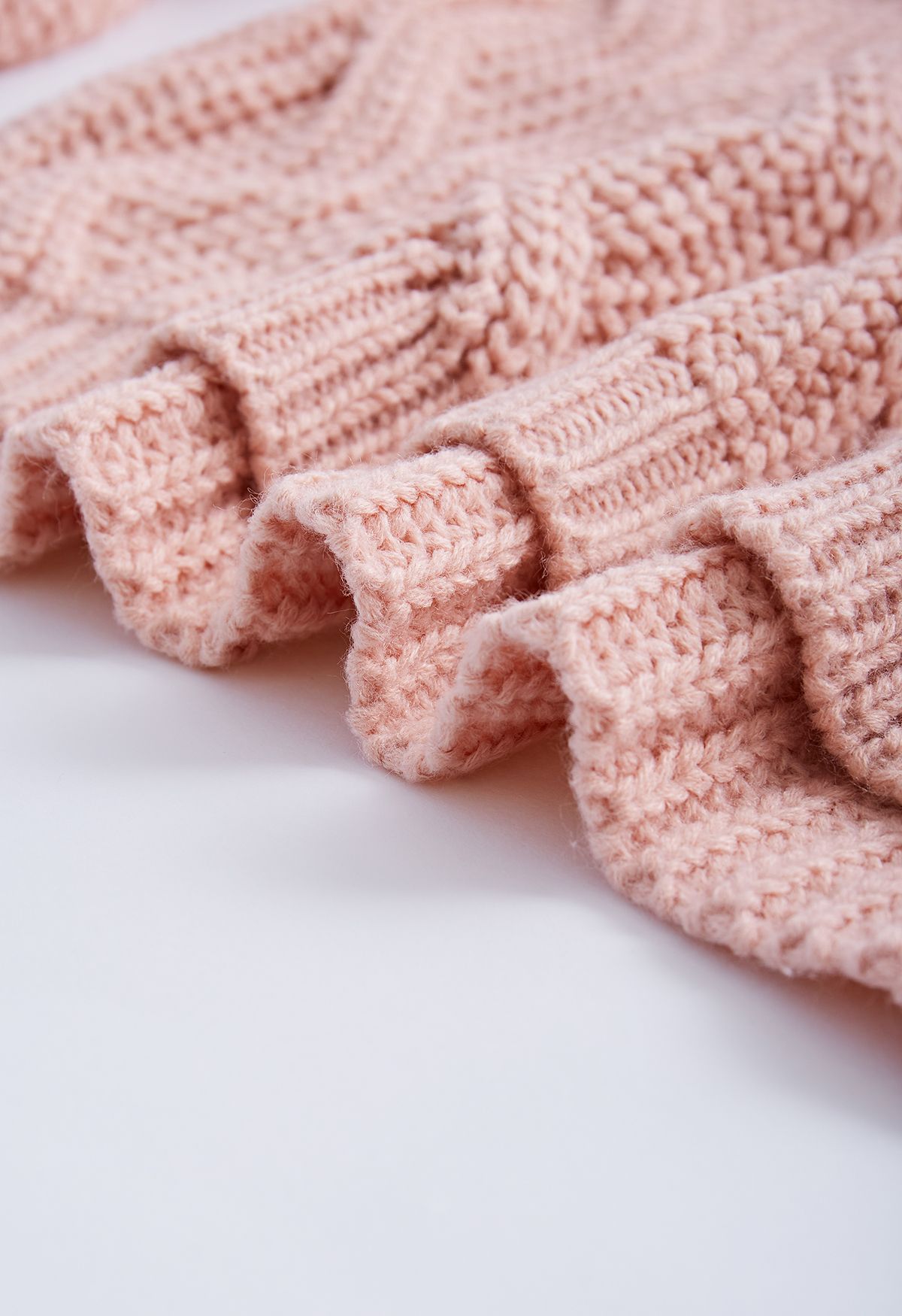 High Neck Hi-Lo Braided Chunky Knit Sweater in Pink