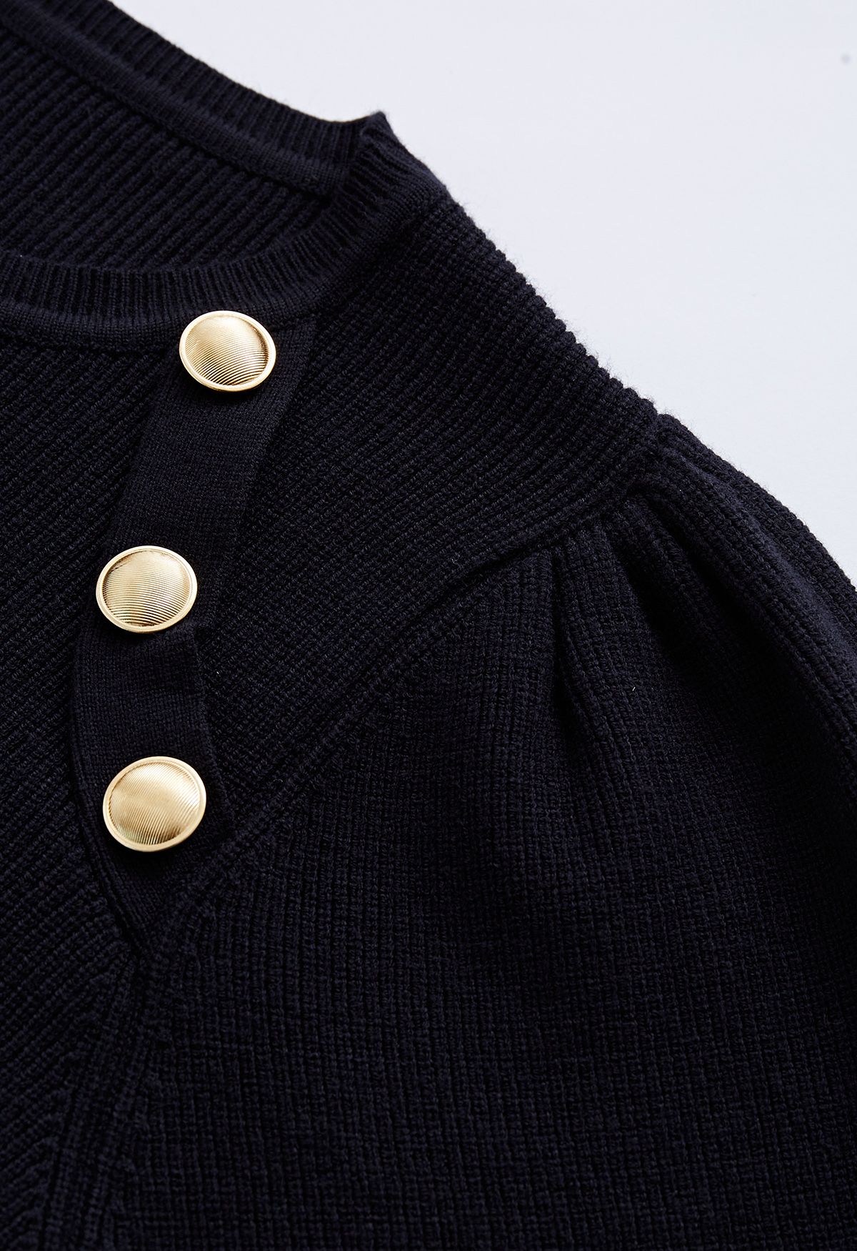 Bubble Sleeves Button Trimmed Knit Top in Black