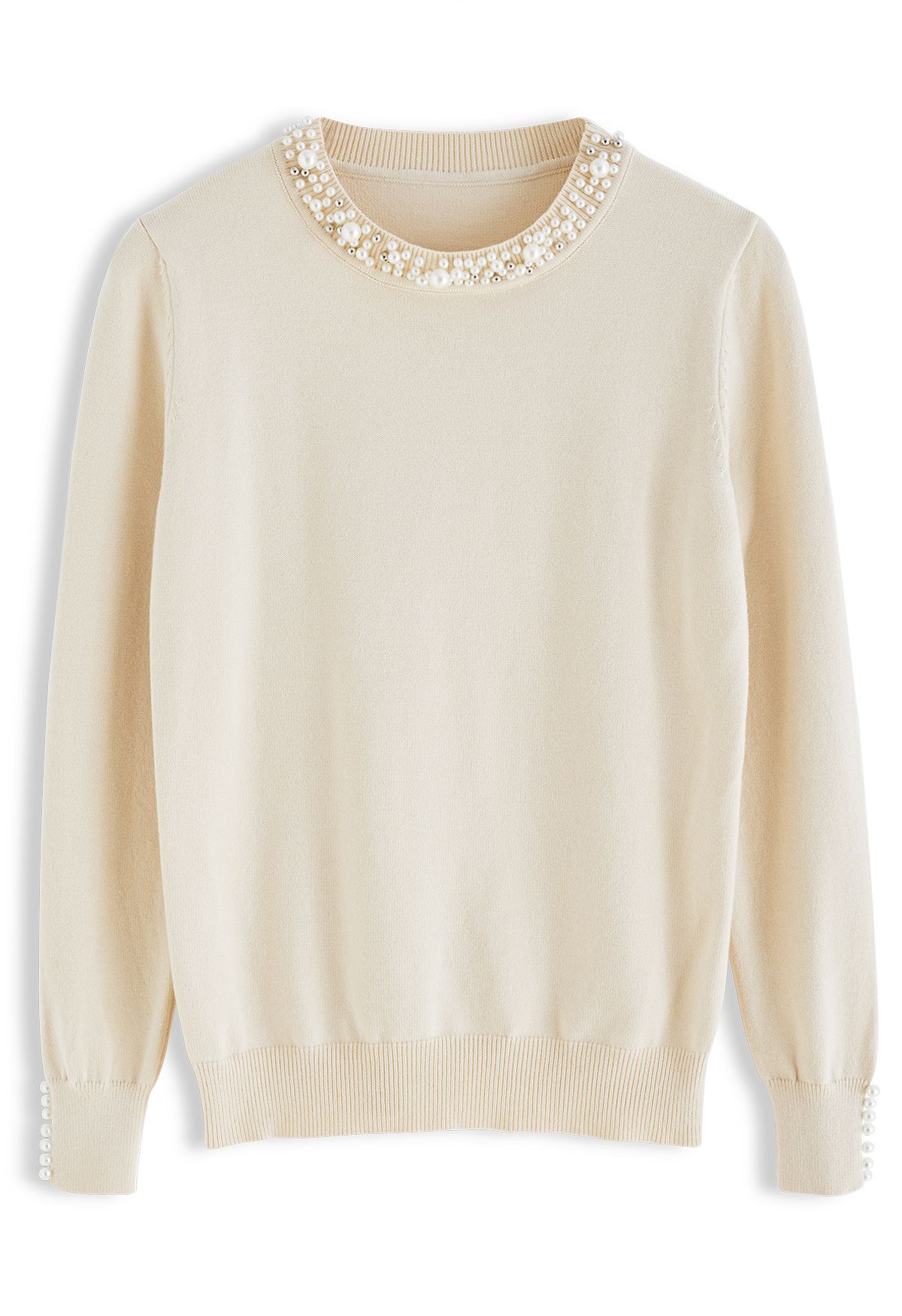 Pearl Trimmed Soft Knit Top in Cream