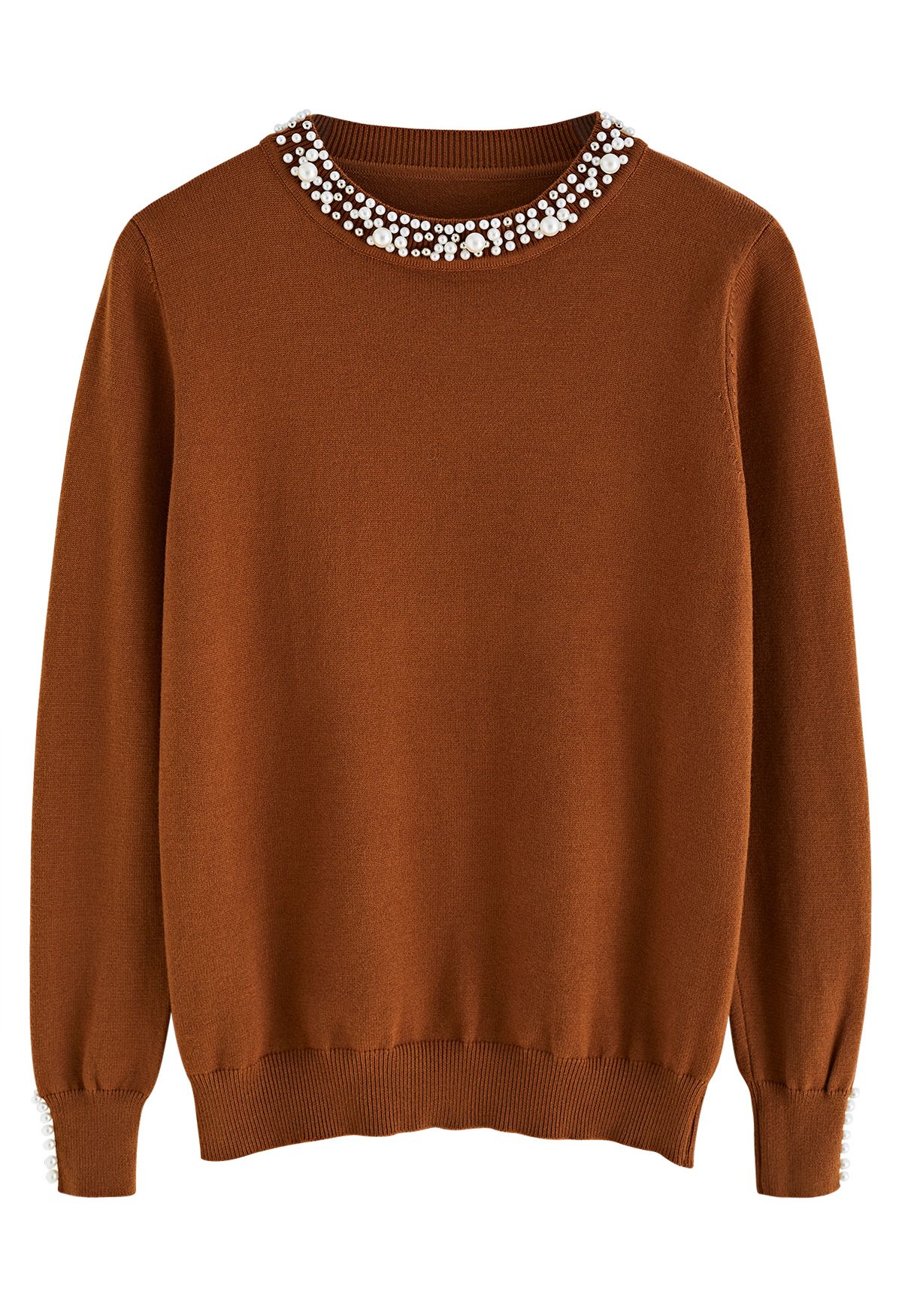 Pearl Trimmed Soft Knit Top in Caramel