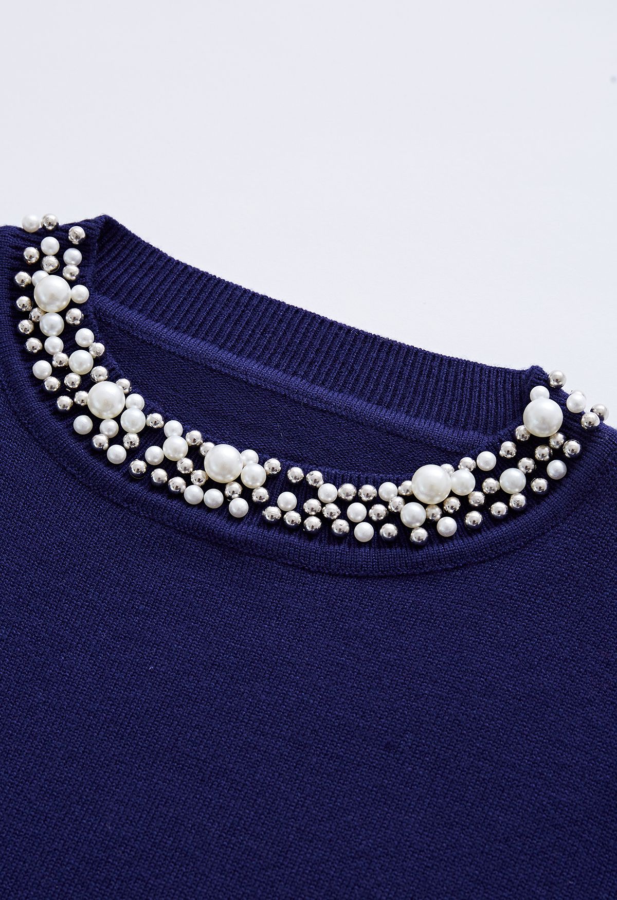 Pearl Trimmed Soft Knit Top in Navy