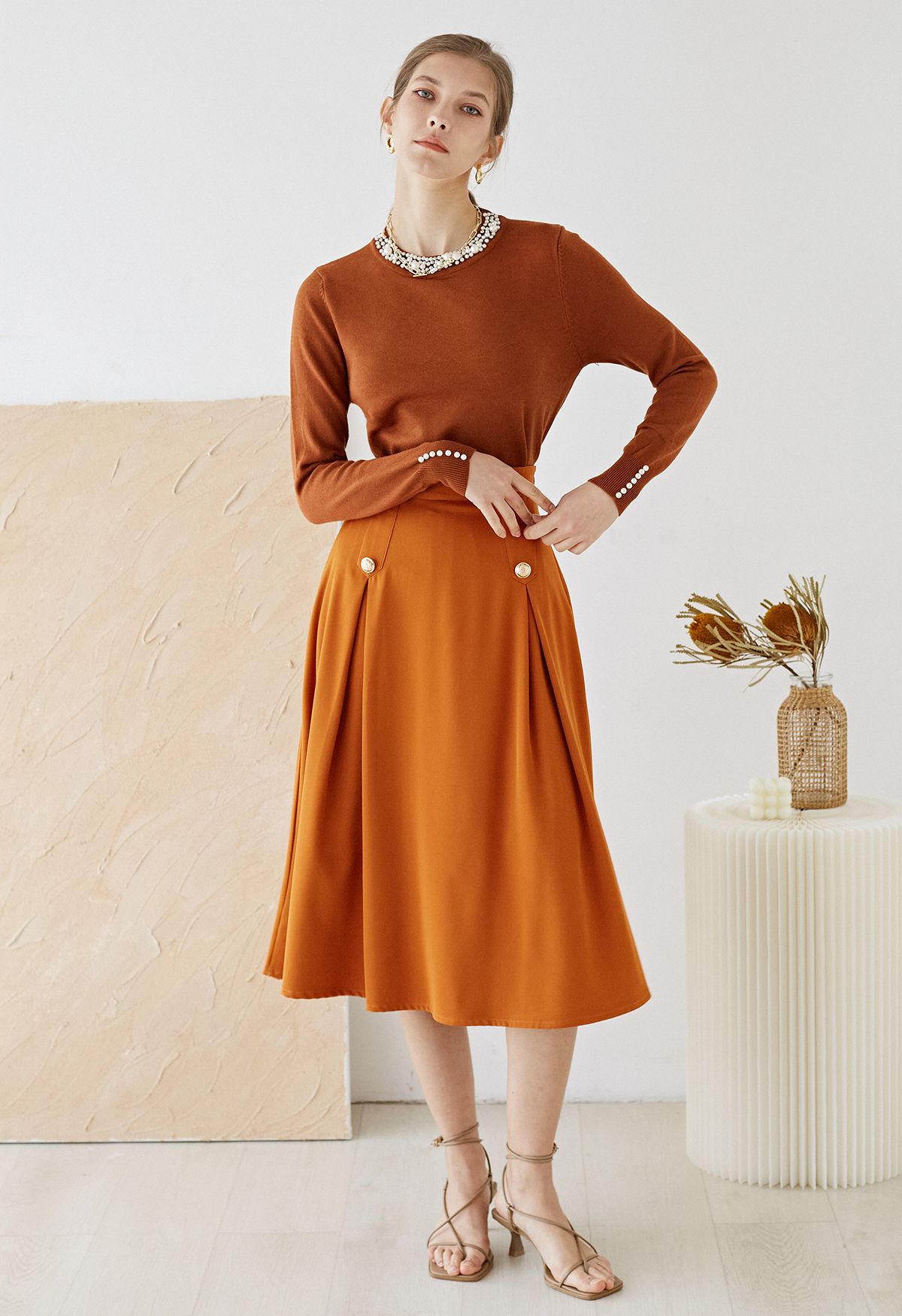 Buttoned Pleated A-Line Skirt in Pumpkin