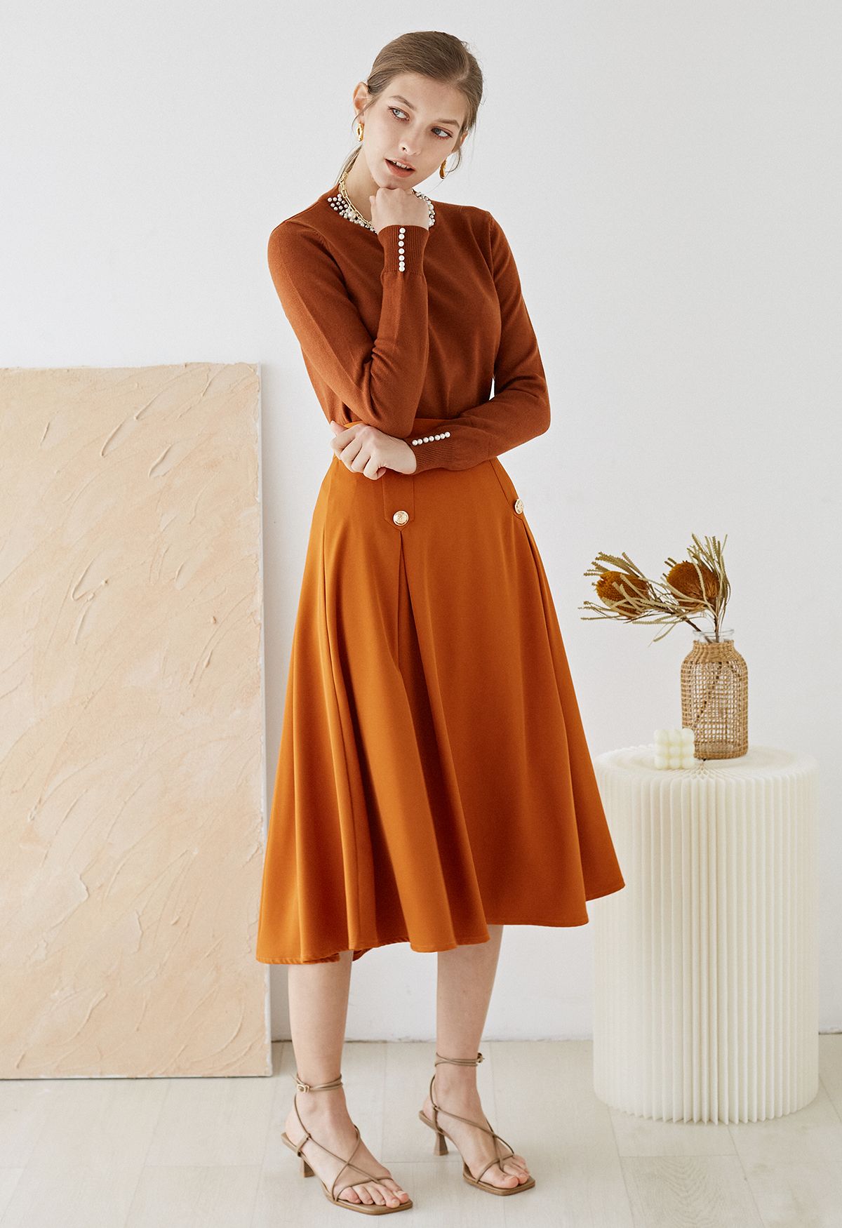 Buttoned Pleated A-Line Skirt in Pumpkin