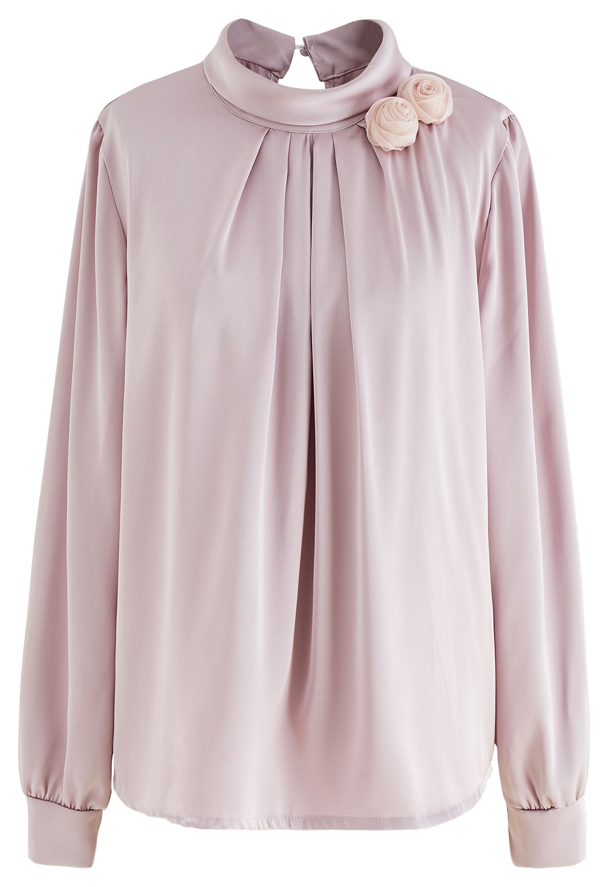 Rose Brooch Mock Neck Satin Shirt in Pink