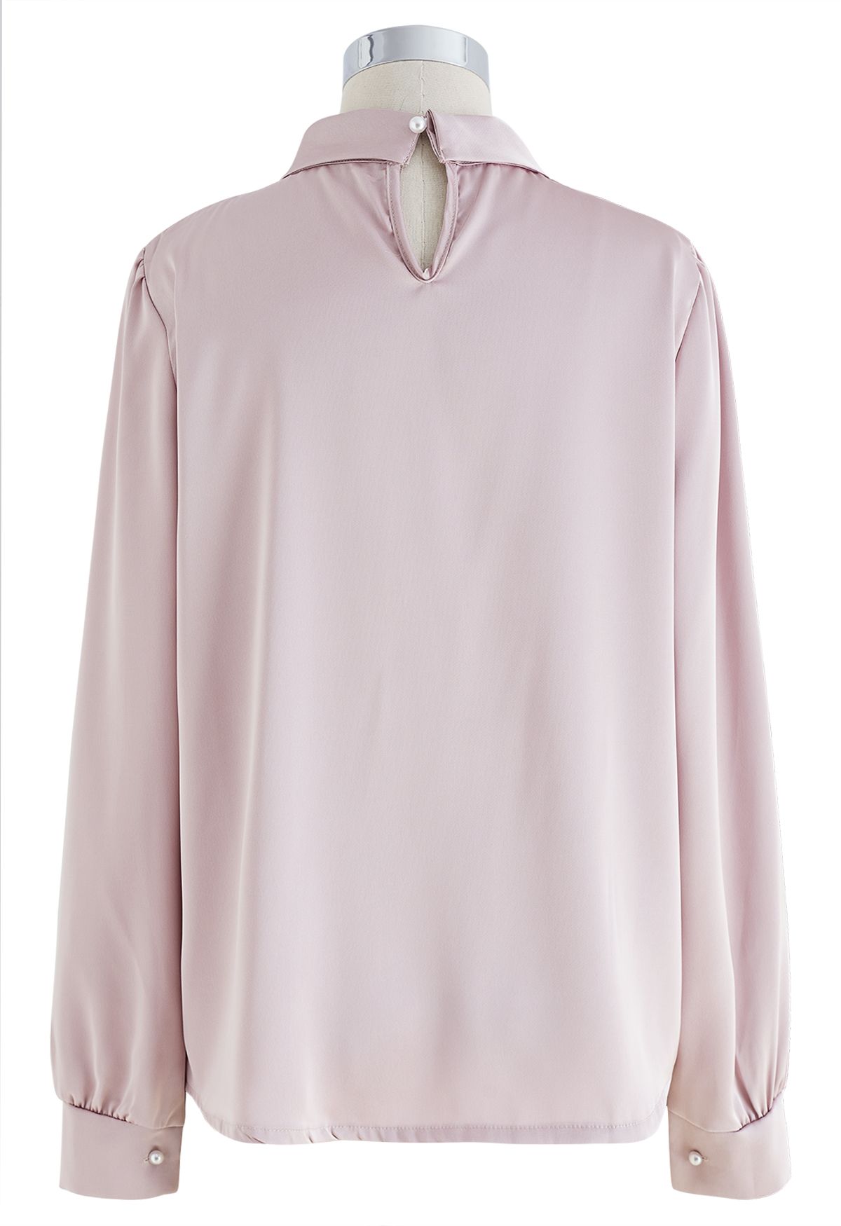 Rose Brooch Mock Neck Satin Shirt in Pink