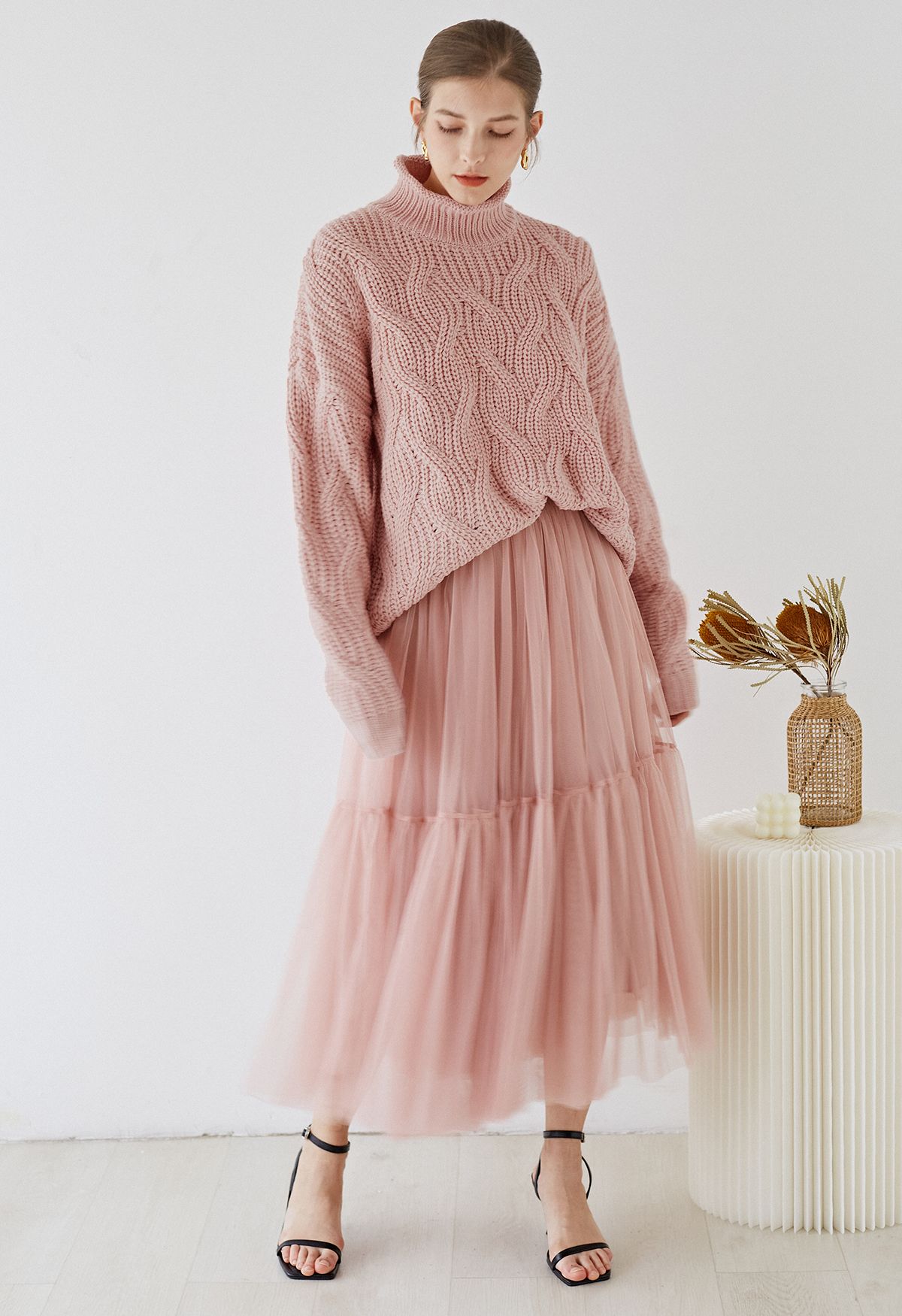 High Neck Hi-Lo Braided Chunky Knit Sweater in Pink