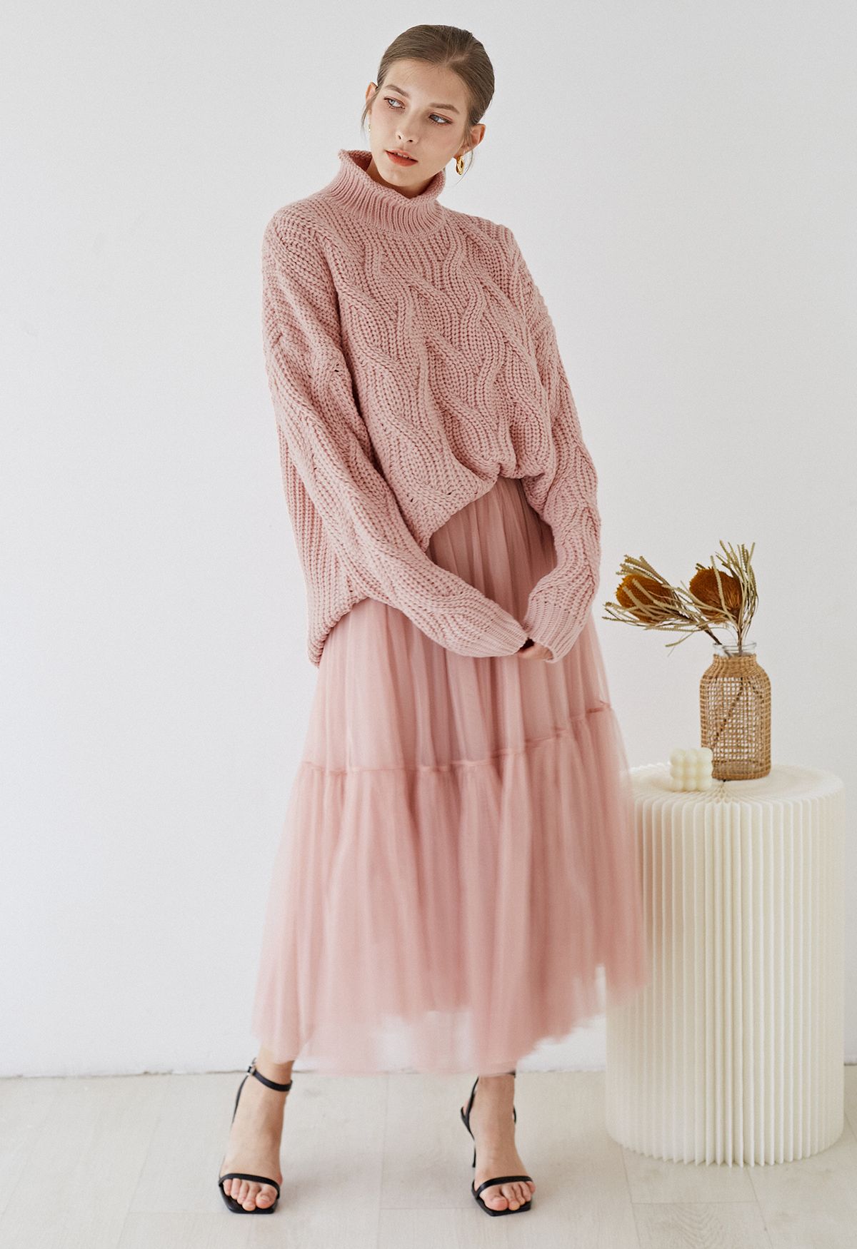 High Neck Hi-Lo Braided Chunky Knit Sweater in Pink