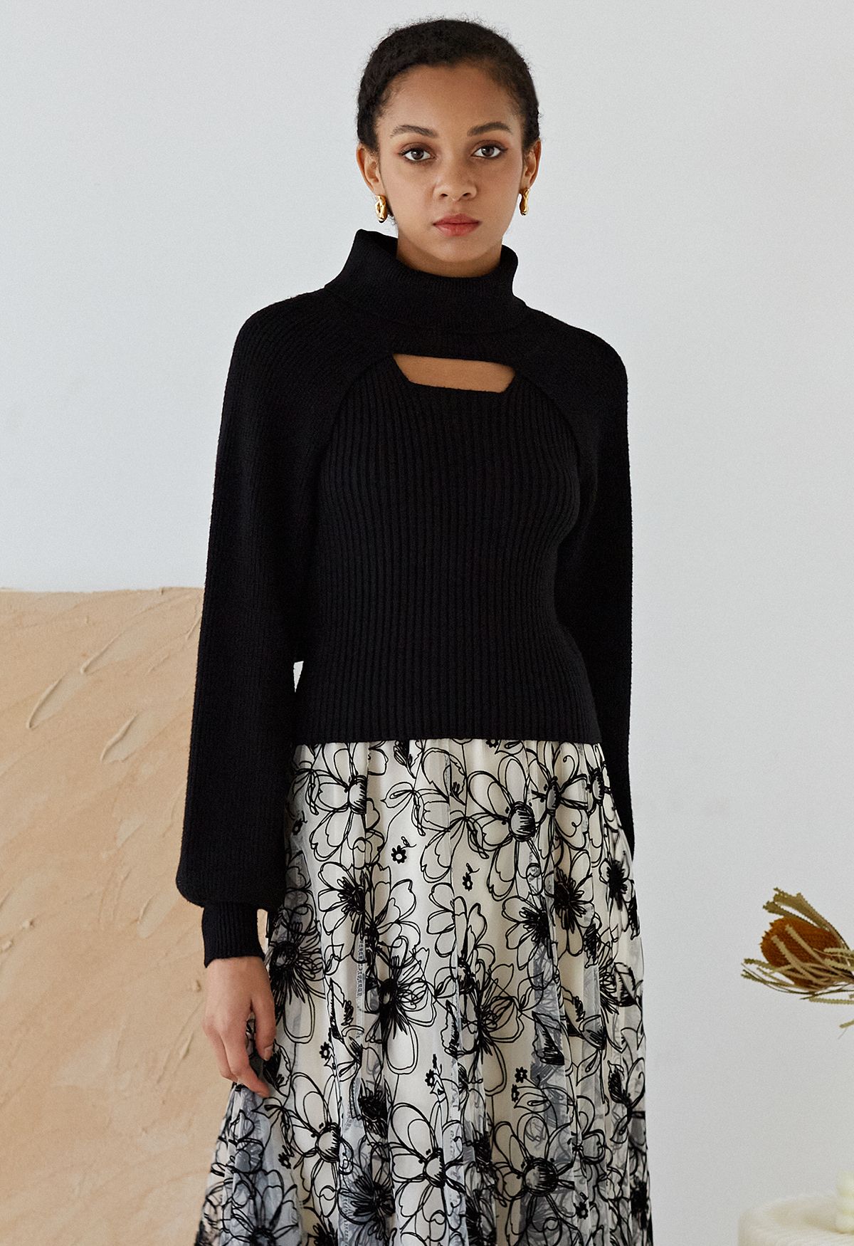 Turtleneck Rib Knit Twinset Top in Black