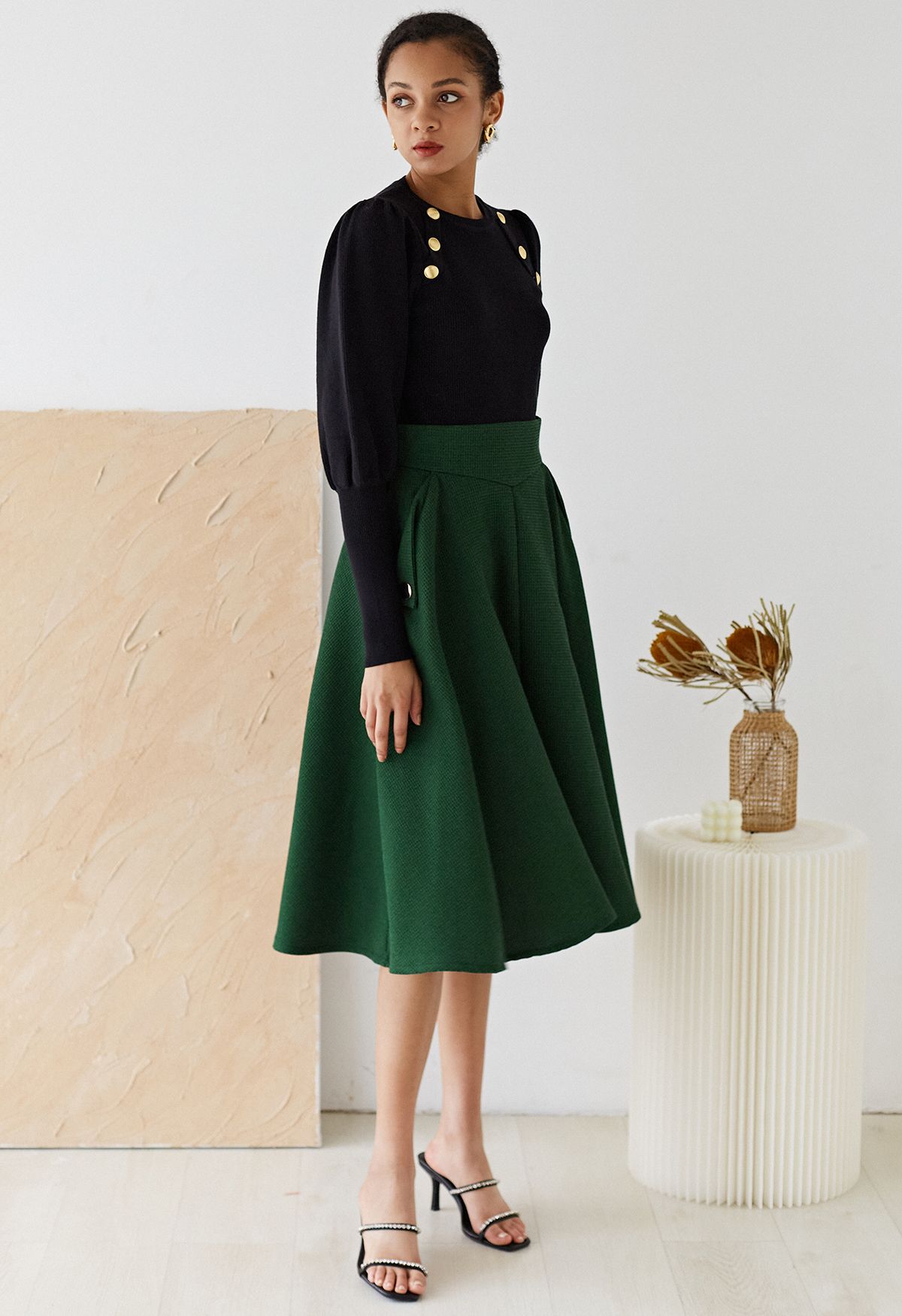 Waffle Texture A-Line Midi Skirt in Dark Green