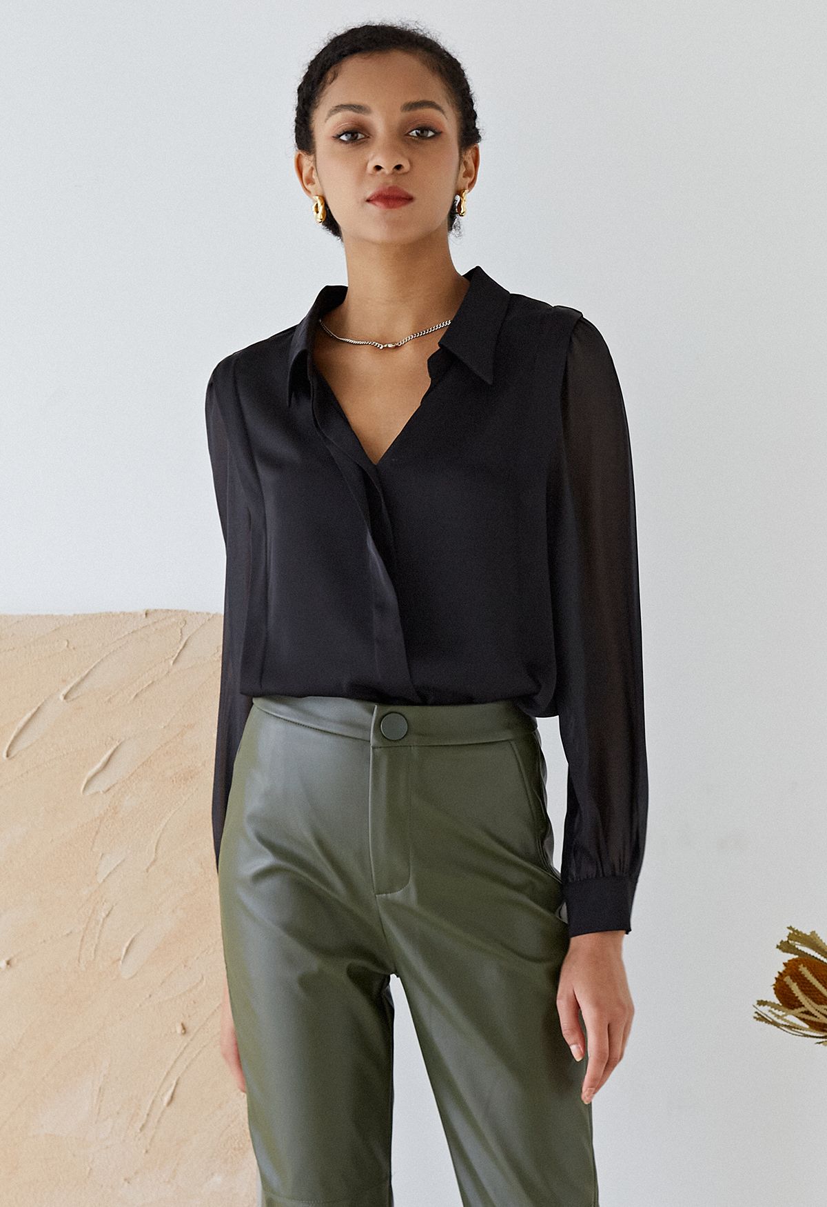 Heart Necklace V-Neck Satin Shirt in Black