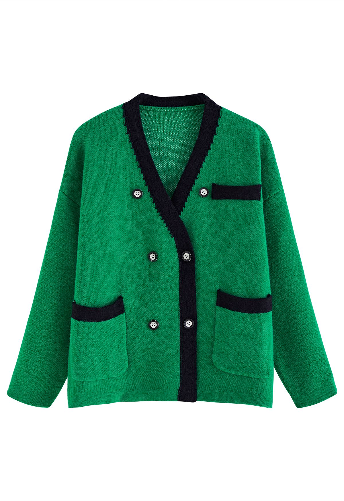 Double-Breasted Contrast Color Cardigan in Green