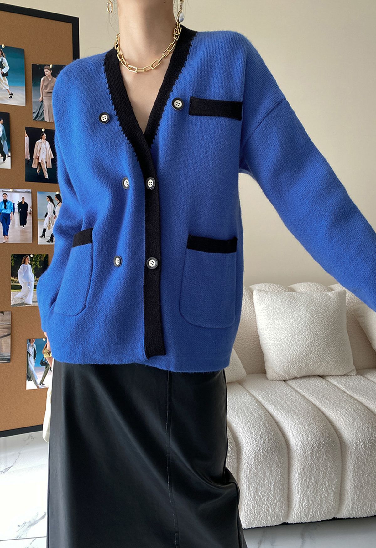 Double-Breasted Contrast Color Cardigan in Blue