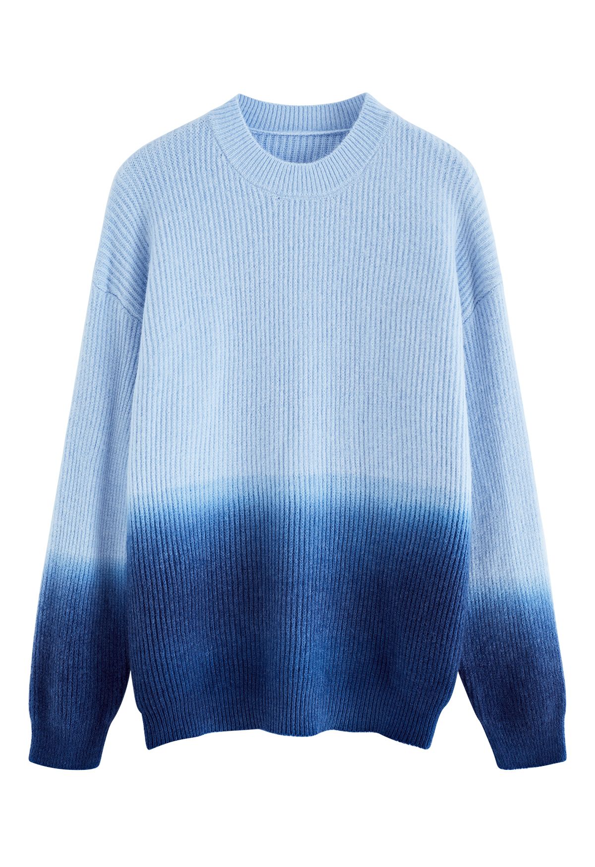 Ombre Round Neck Rib Knit Sweater in Blue