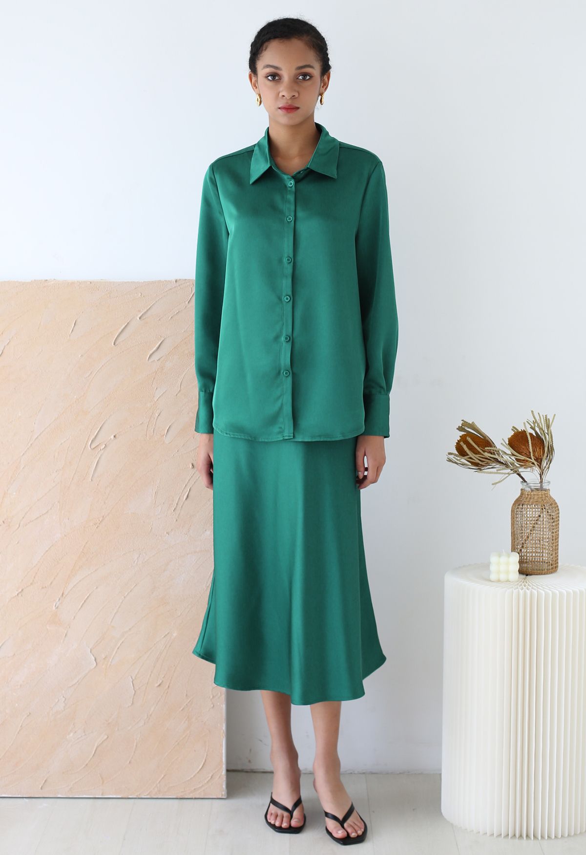 Satin Finish Bias Cut Midi Skirt in Emerald