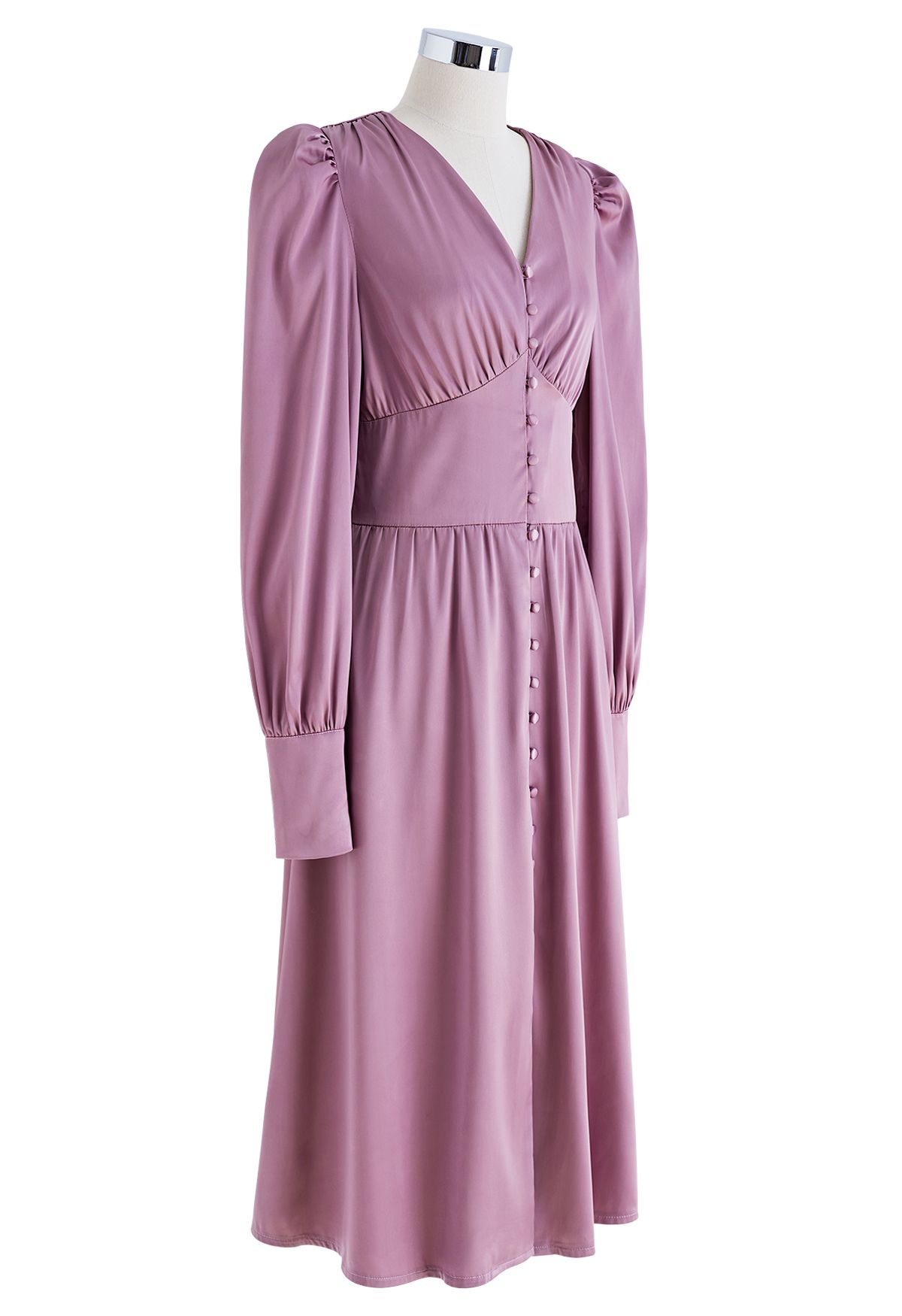 Puff Sleeves Button Up Satin Midi Dress in Lilac