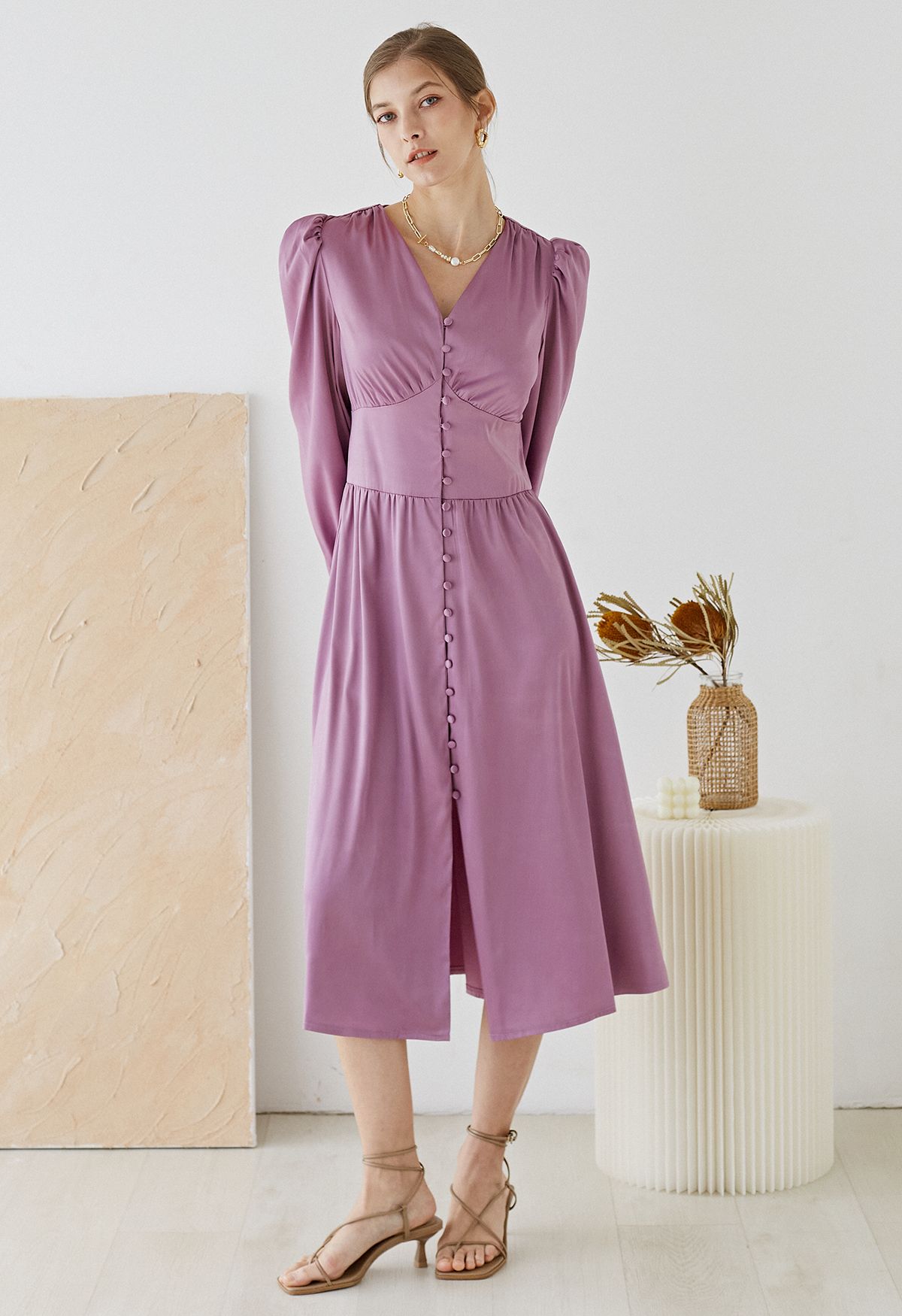 Puff Sleeves Button Up Satin Midi Dress in Lilac