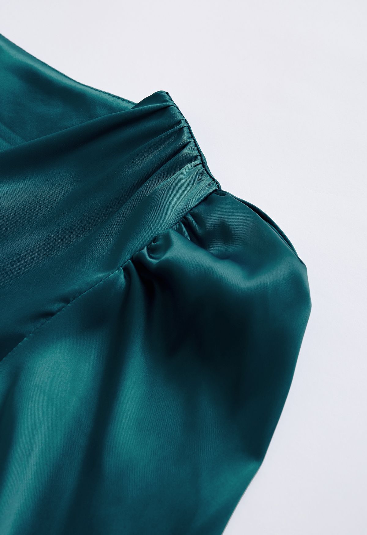 Puff Sleeves Button Up Satin Midi Dress in Emerald