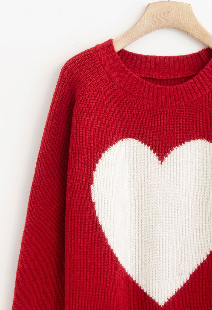 羅紋針織愛心寬鬆型毛衣-紅色